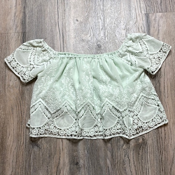 Lucy Paris Pale Green Mint Green Off the Shoulder Lace Crop Too, size small - Picture 1 of 9